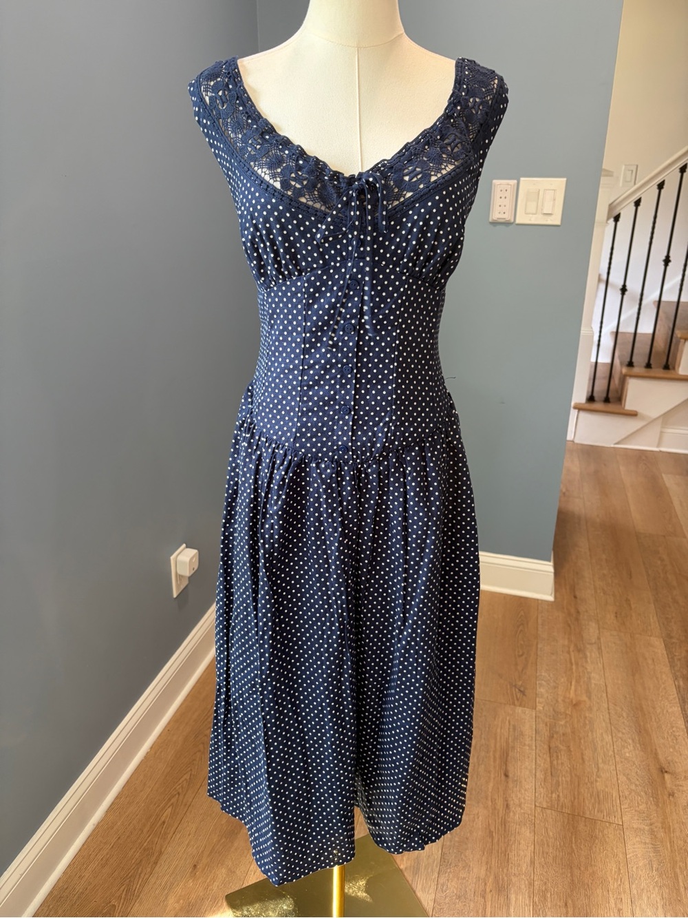 Wild Fable Navy Polka Dot Crochet Lace Corset Midi Dress Cottagecore Small NWT